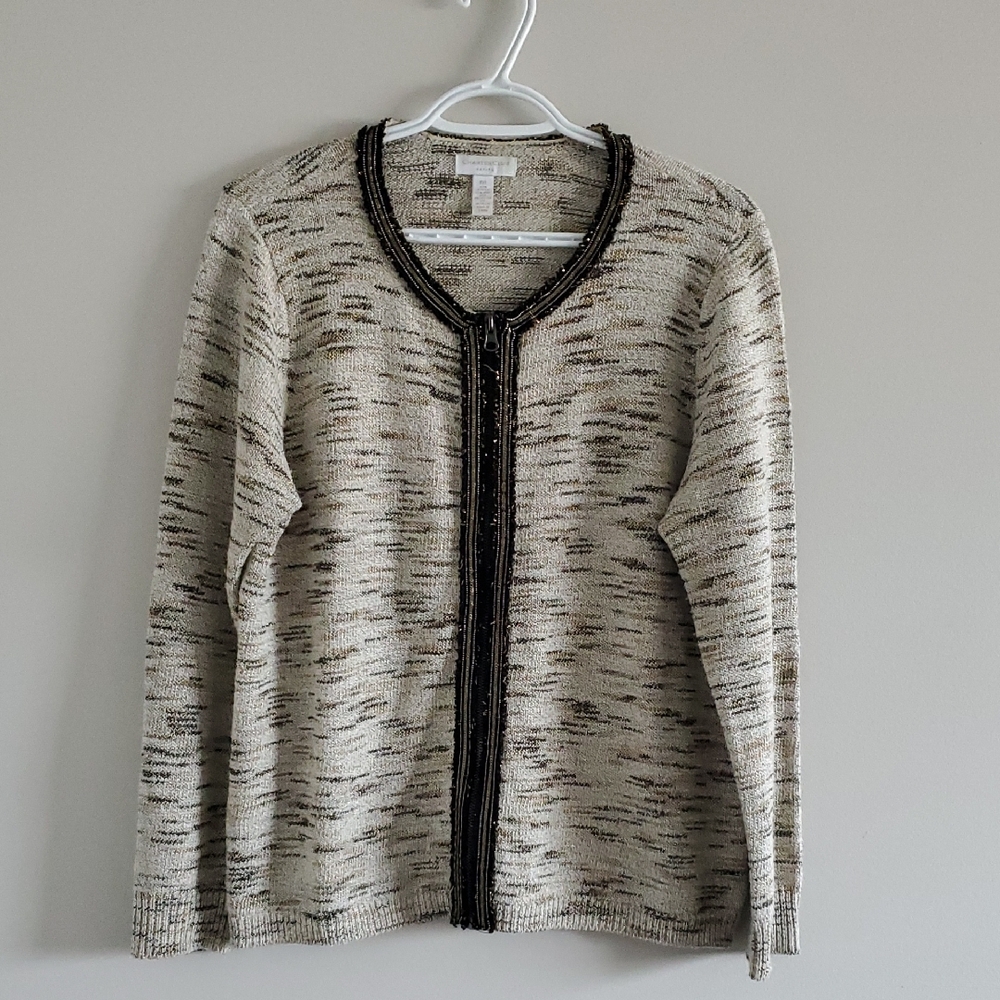 Charter Club Petite Beige and Black Women's Sparkly Wool Blend Career Cardigan L